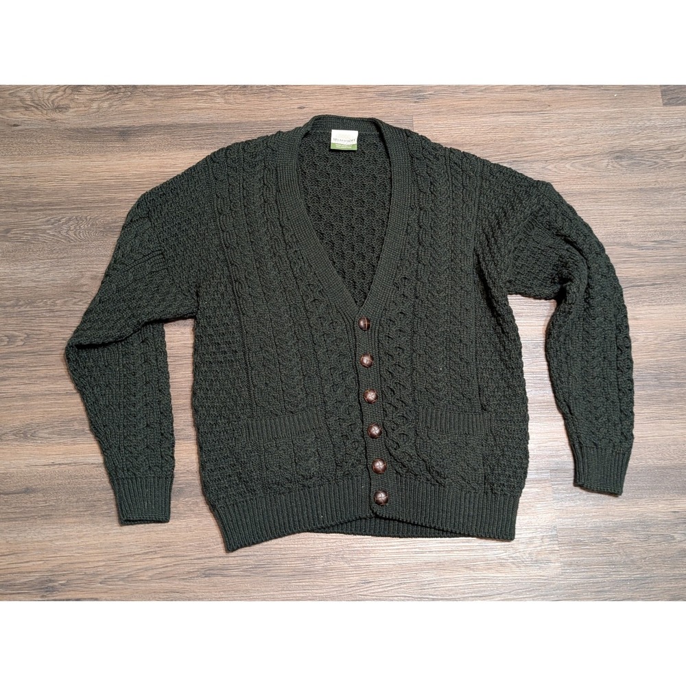 Shannon Woolen Mills Mens Large Green Merino Wool Aran Cable Knit Cardigan